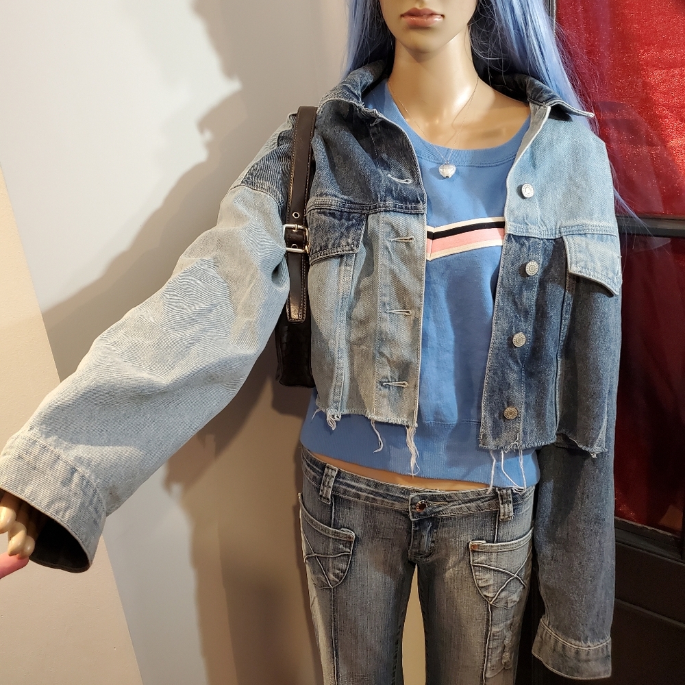 refuge Denim Patch Work Cropped Jean Jacket
